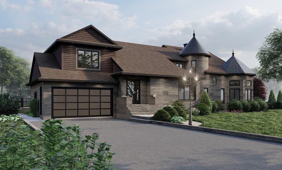 Une impression d'artiste d'une grande maison avec un toit en forme de château.