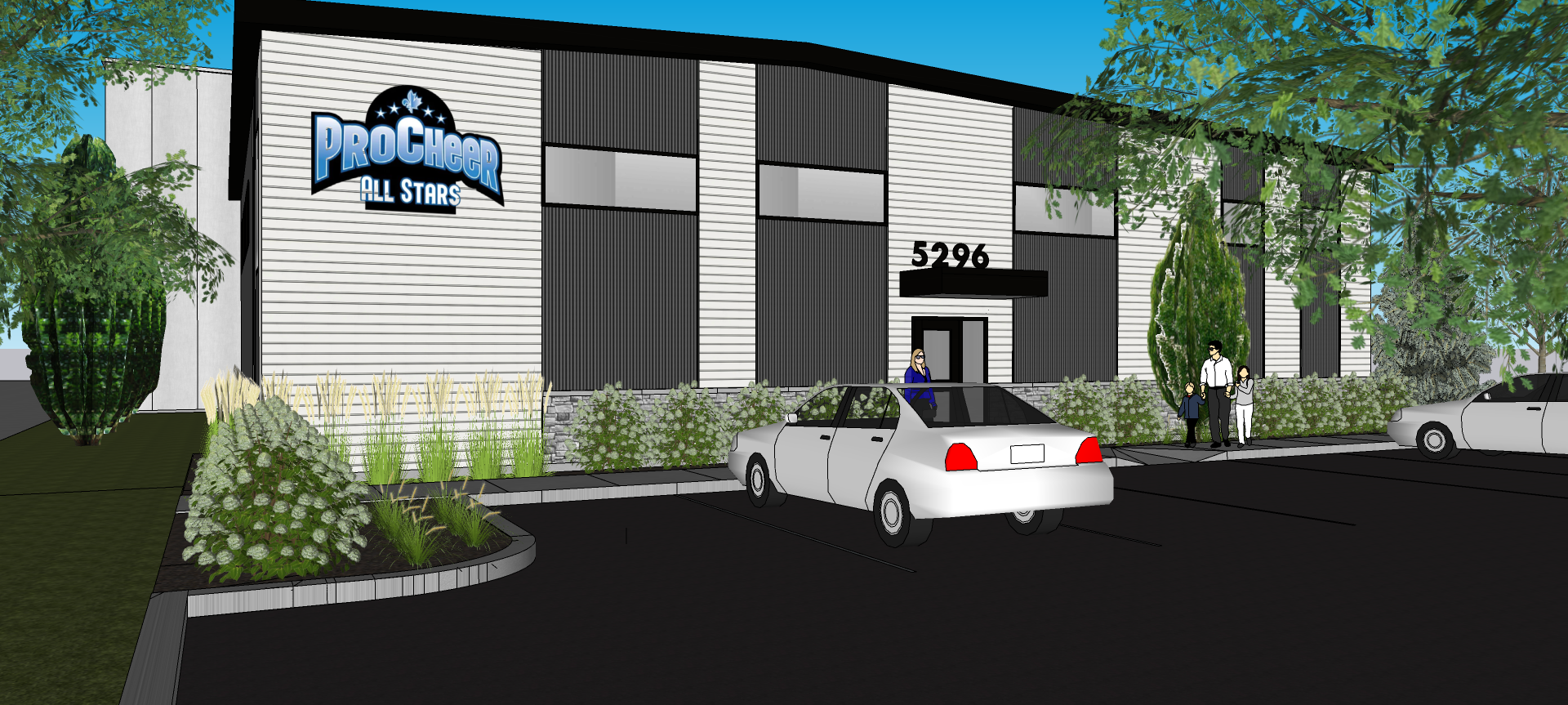 Une impression d'artiste d'un bâtiment avec une voiture garée devant.