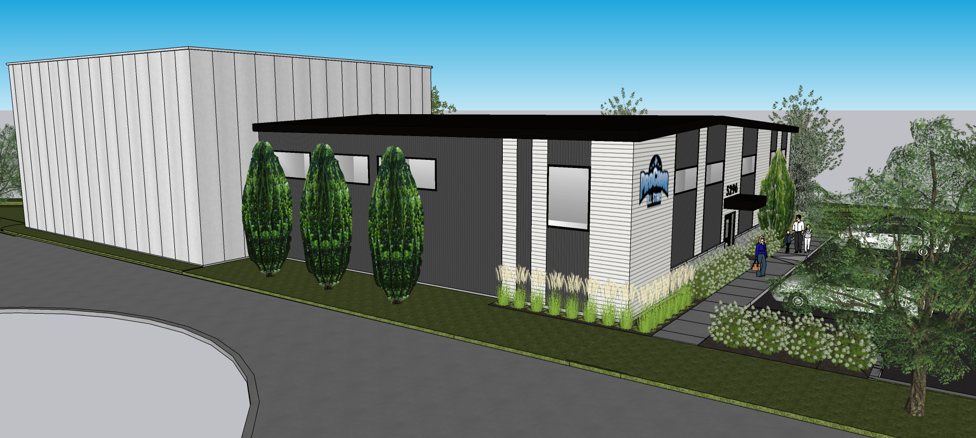 Une image générée par ordinateur d'un bâtiment avec des arbres devant lui.