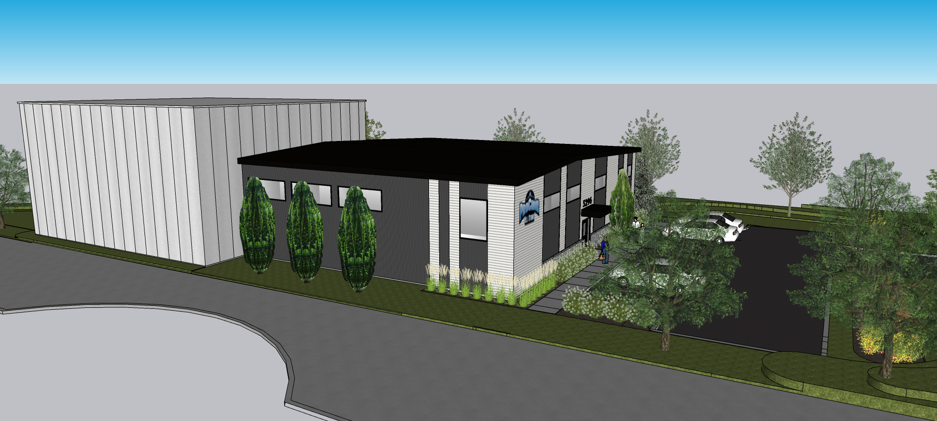 Une image générée par ordinateur d'un bâtiment avec des arbres devant lui.