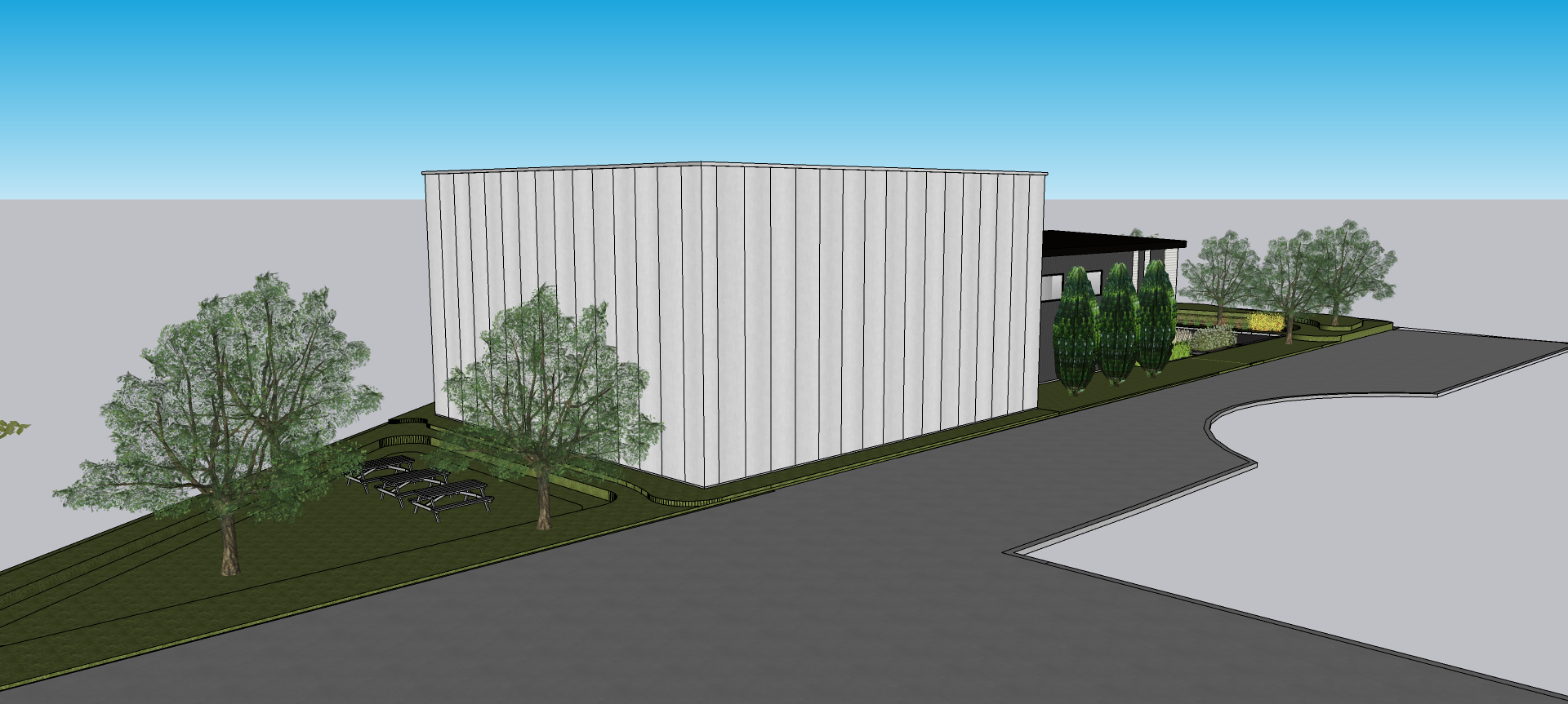 Une image générée par ordinateur d'un bâtiment avec des arbres devant lui.