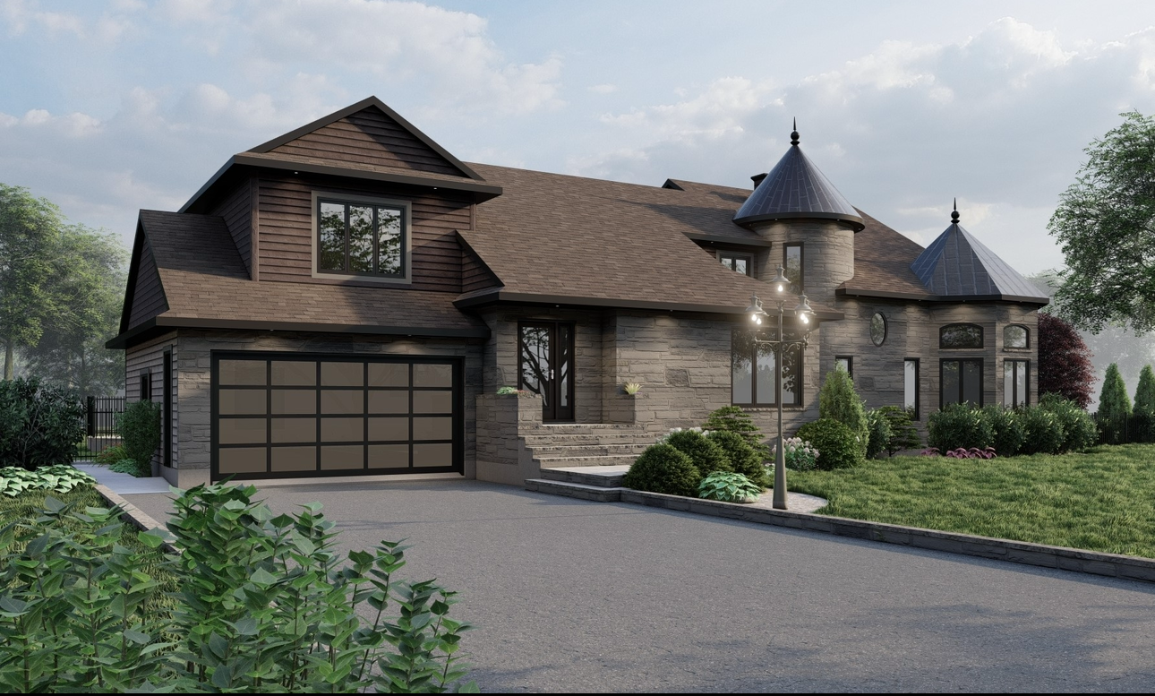 Une impression d'artiste d'une maison avec une grande porte de garage