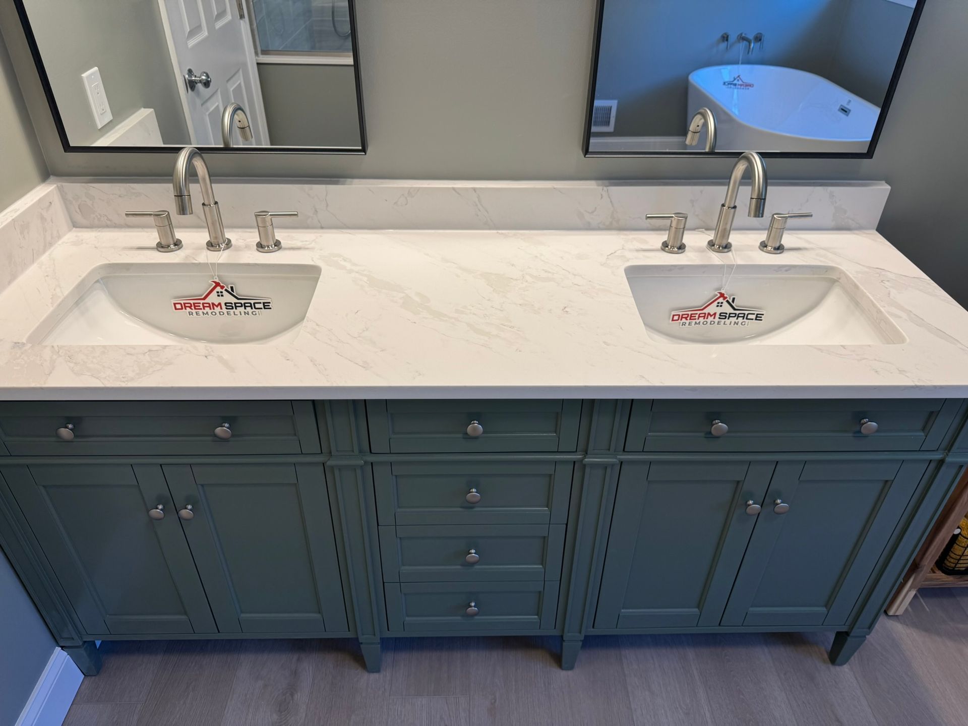 Elegant master bath design with James Martin double vanity, freestanding soaking tub, and tiled walk-in shower – DreamSpace Remodeling Columbia MD