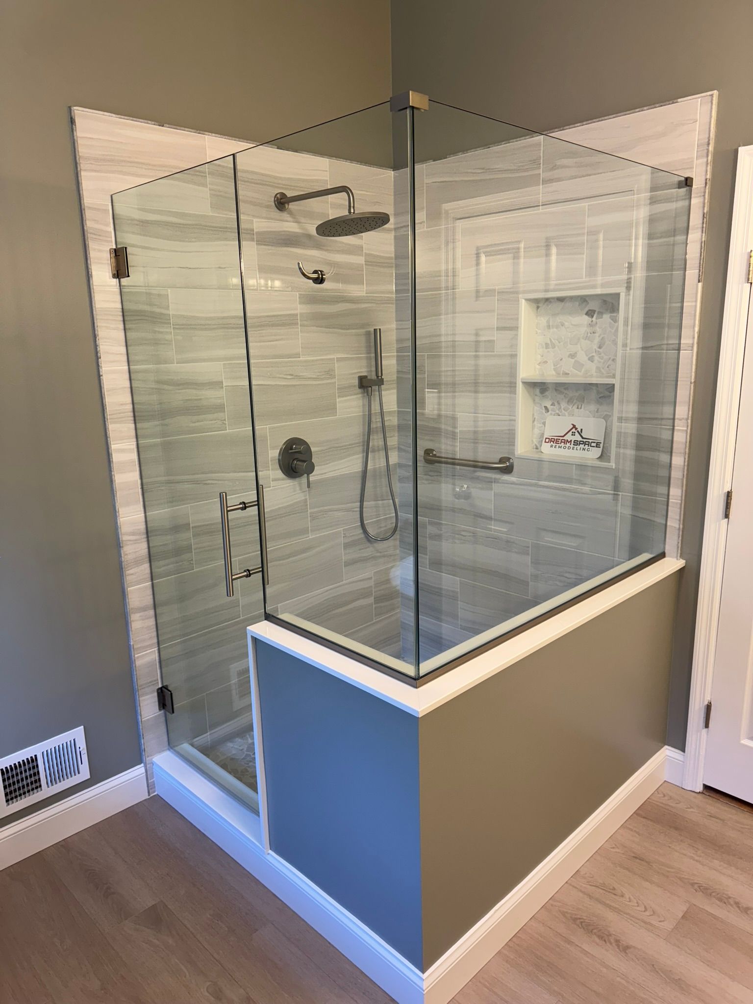 Contemporary master bathroom, custom shower enclosure, and modern fixtures – Columbia MD