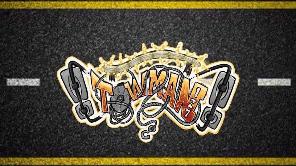 Logo for Towmans Roadside. Blue and yellow hexagon with a white tow truck icon and business name.