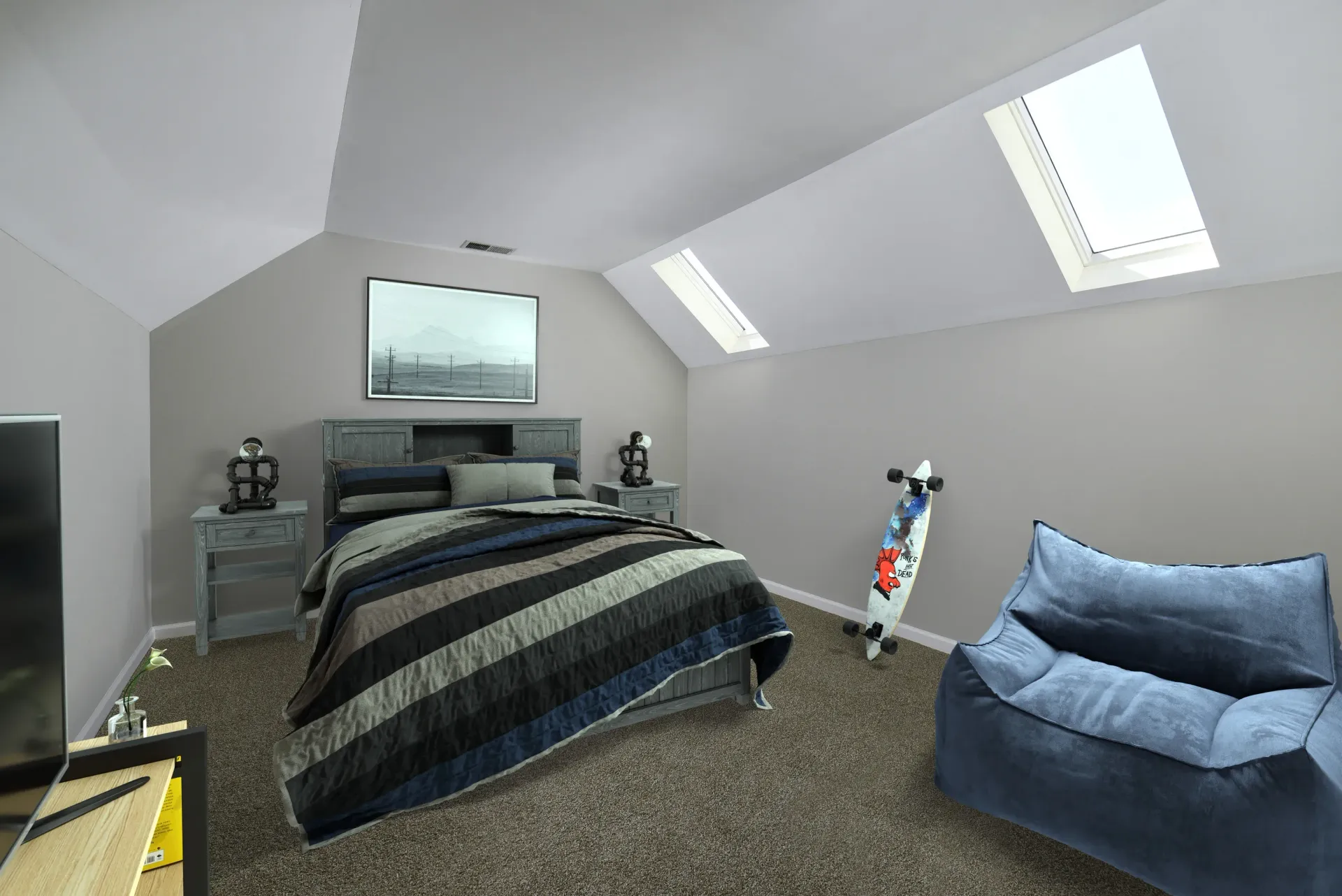 Bedroom with sloped ceiling, skylights, striped bed, two nightstands, skateboard, and a blue bean bag chair at Springhouse Townhomes in Allentown, PA.