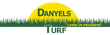 Logo for Danyels Turf. Yellow sun shape, green text and grass graphic. 