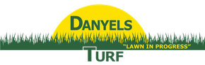 Logo for Danyels Turf. Yellow sun shape, green text and grass graphic. 