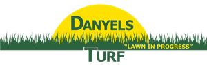 Logo for Danyels Turf. Yellow sun shape, green text and grass graphic. 