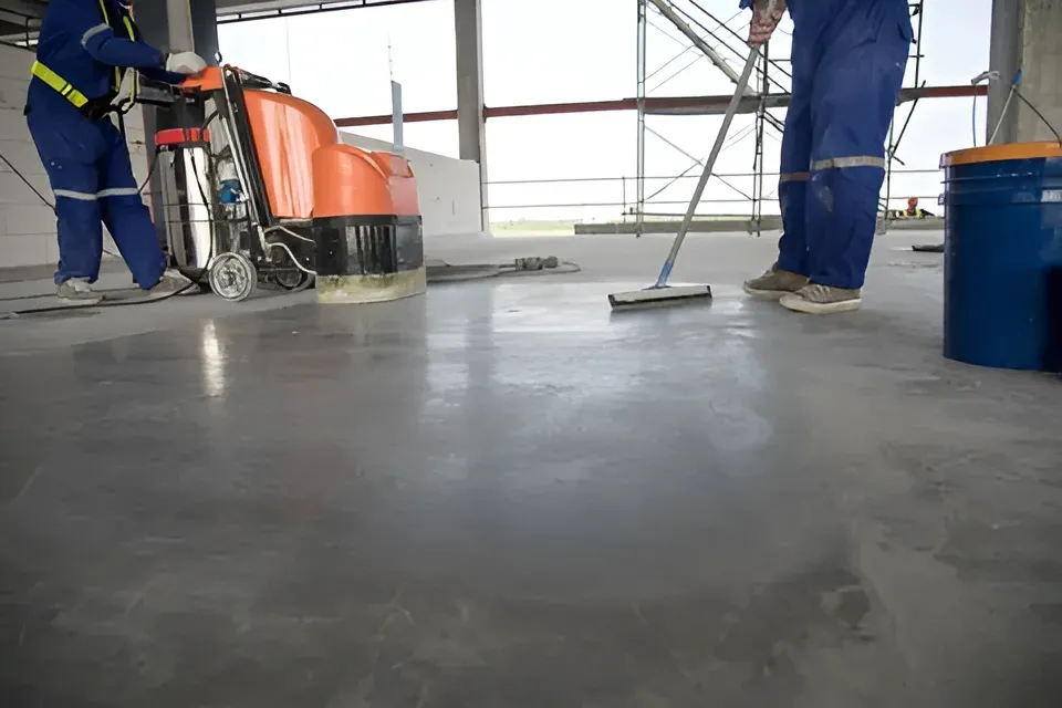 Workers in Blue Coveralls Cleaning a Concrete Floor — Dream n Clean in Wilsonton Heights, QLD