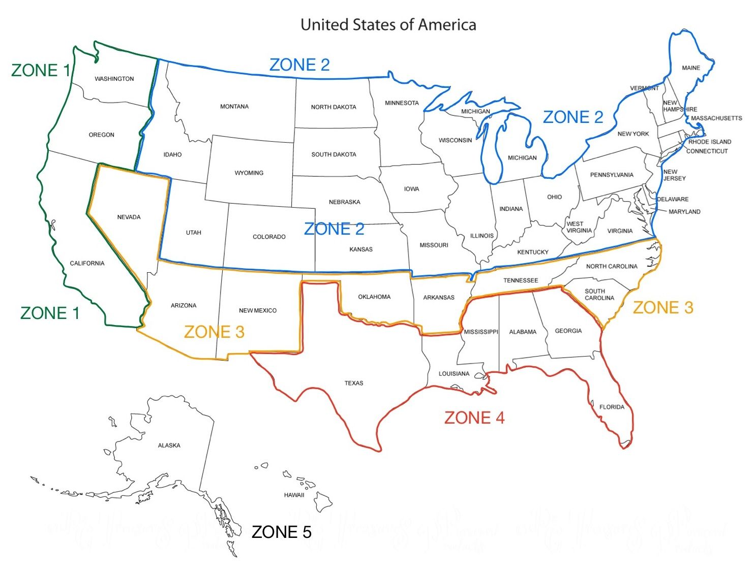 A map of the united states of america divided into zones