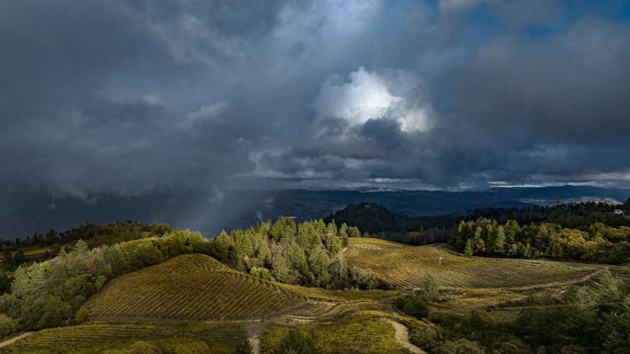 An aerial view of a lush green hillside with a cloudy sky in the background.