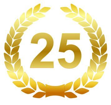 A gold laurel wreath with the number 25 on it