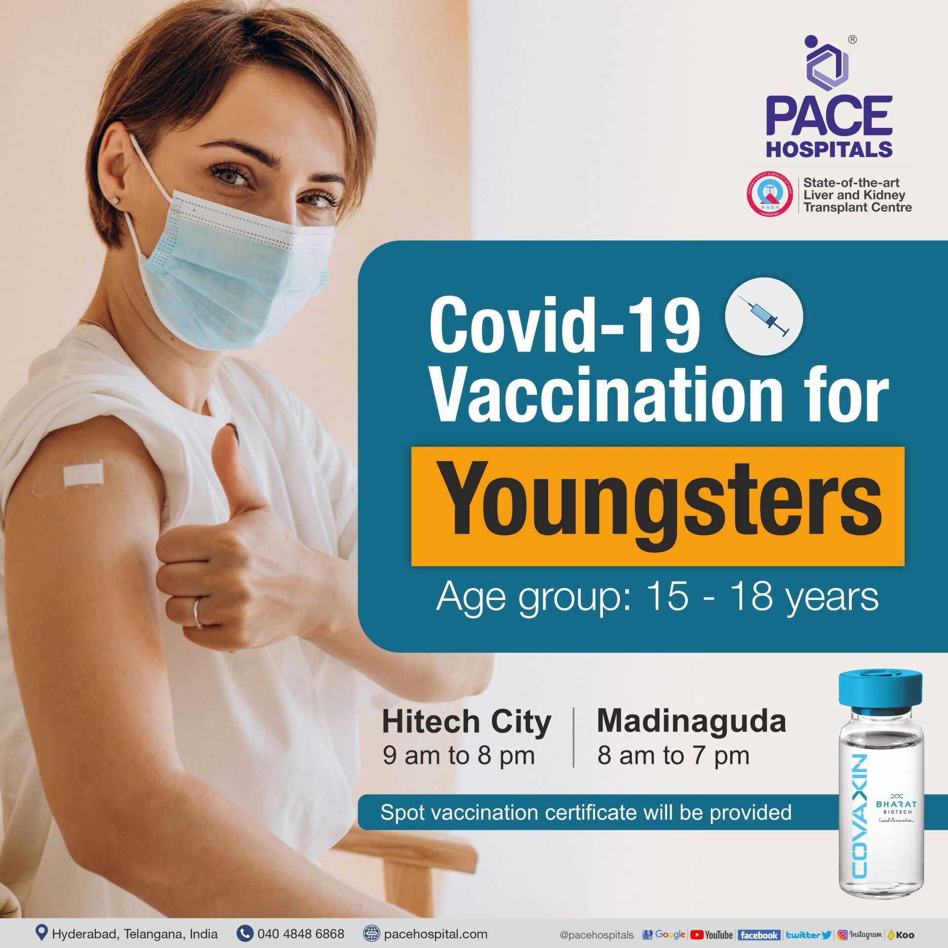 covid vaccination for 15-18 age group at Pace Hospitals