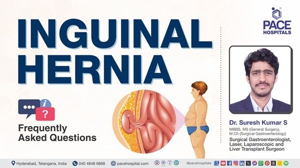 Dr. Suresh Kumar S from PACE Hospitals explaining Inguinal Hernia and recovery tips in a video.