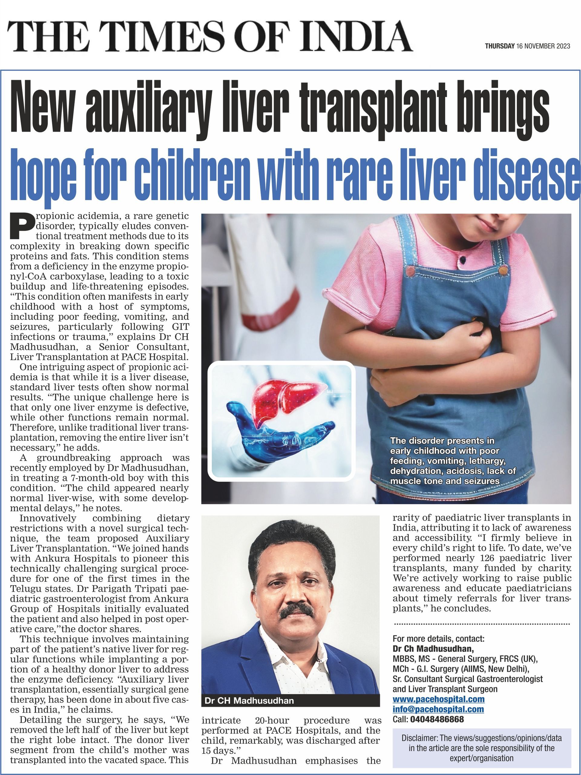 The Times of India | Best hospital for Liver transplantation in India | Auxiliary liver transplantation in hyderabad