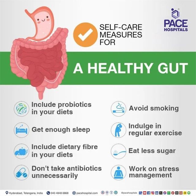 An illustration of the human digestive system, highlighting key factors for gut health such as a balanced diet, regular exercise, adequate sleep, and stress management.