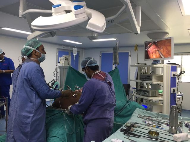 Doctors performing Bariatric surgery on a patient witn 220 kg weight at PACE Hospitals