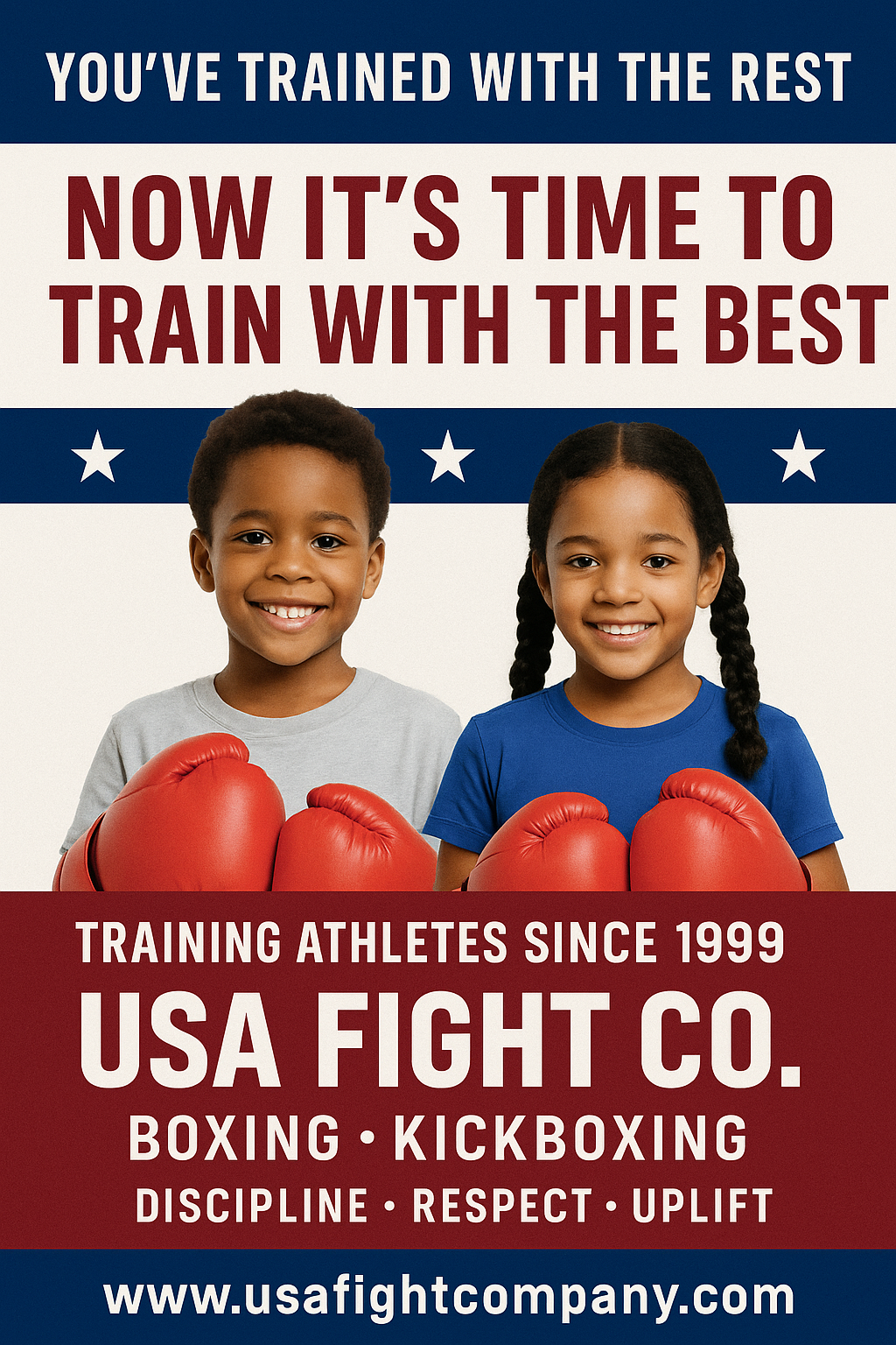 A boxing advertisement with smiling children wearing red gloves. Text says 