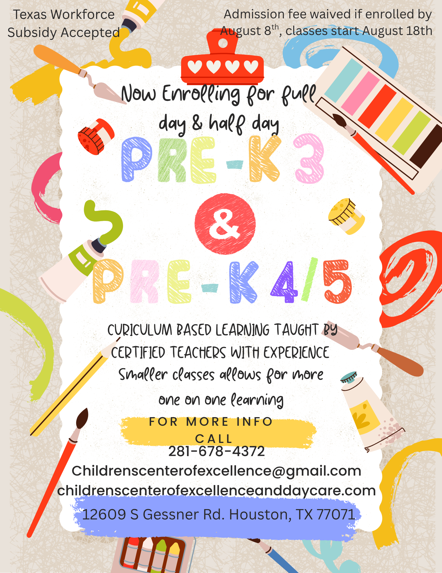 Flyer for Pre-K 3 & 4/5 enrollment at Children's Center of Excellence in Houston.