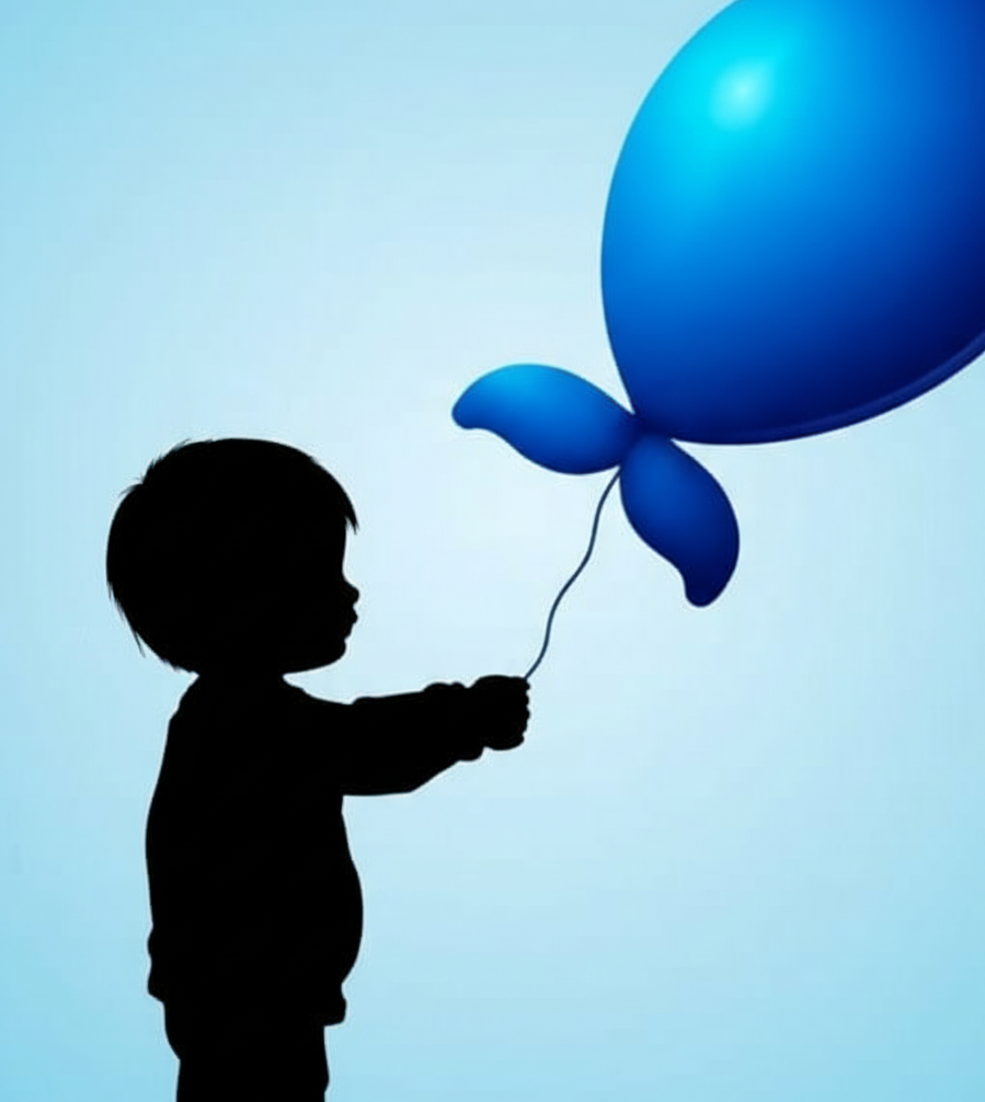 Silueta de un niño sosteniendo un globo azul con forma de cola de ballena.