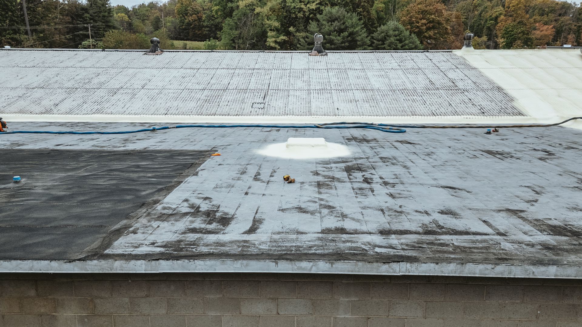 Flat, weathered industrial roof with varying shades of gray and white, vent and patches. Trees in background.