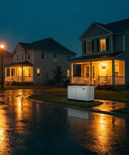 A house with a generator in front of it is lit up at night