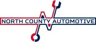 The logo for north county automotive is red , white and blue.