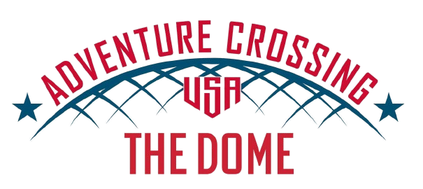 Adventure Crossing USA logo: Red text "Adventure Crossing" and "The Dome", with a blue arched frame and "USA" inside.