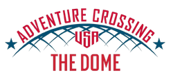 Adventure Crossing USA logo: Red text "Adventure Crossing" and "The Dome", with a blue arched frame and "USA" inside.