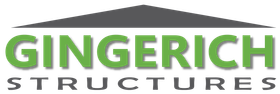 Gingerich Structures logo: green text with grey roof graphic on top.