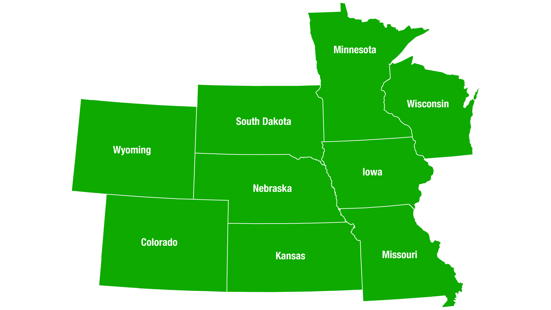 Map of Midwestern US states where Gingerich Structures services, colored green.