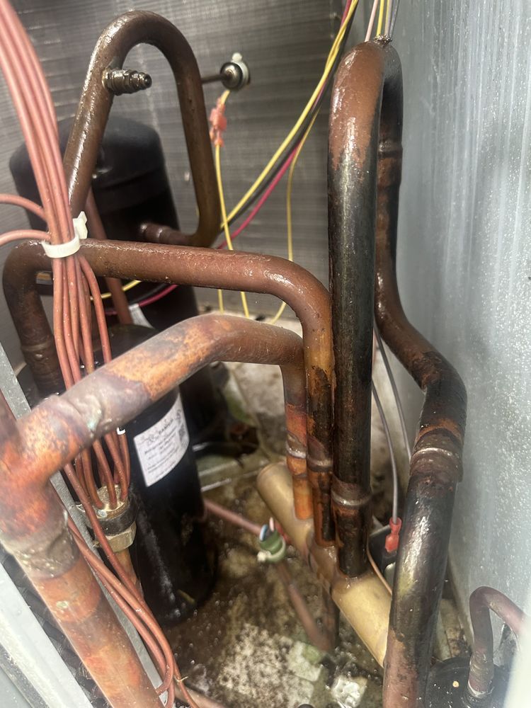 Close-up of air conditioner components: copper tubing with corrosion, wires, and a black compressor.