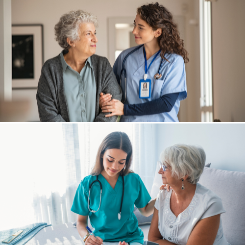 A nurse is talking to an elderly woman in a hospital.