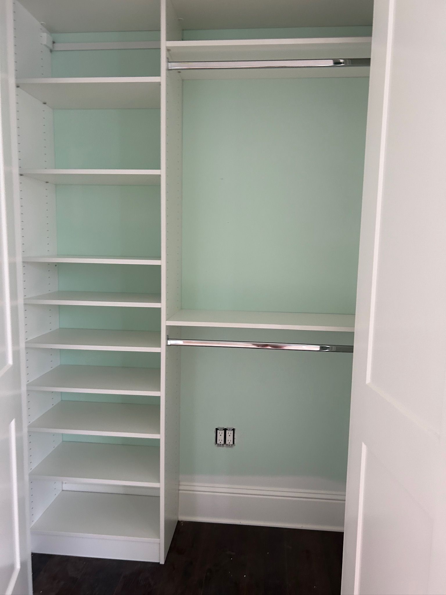 White closet with shelves and hanging rods; light green wall backdrop.