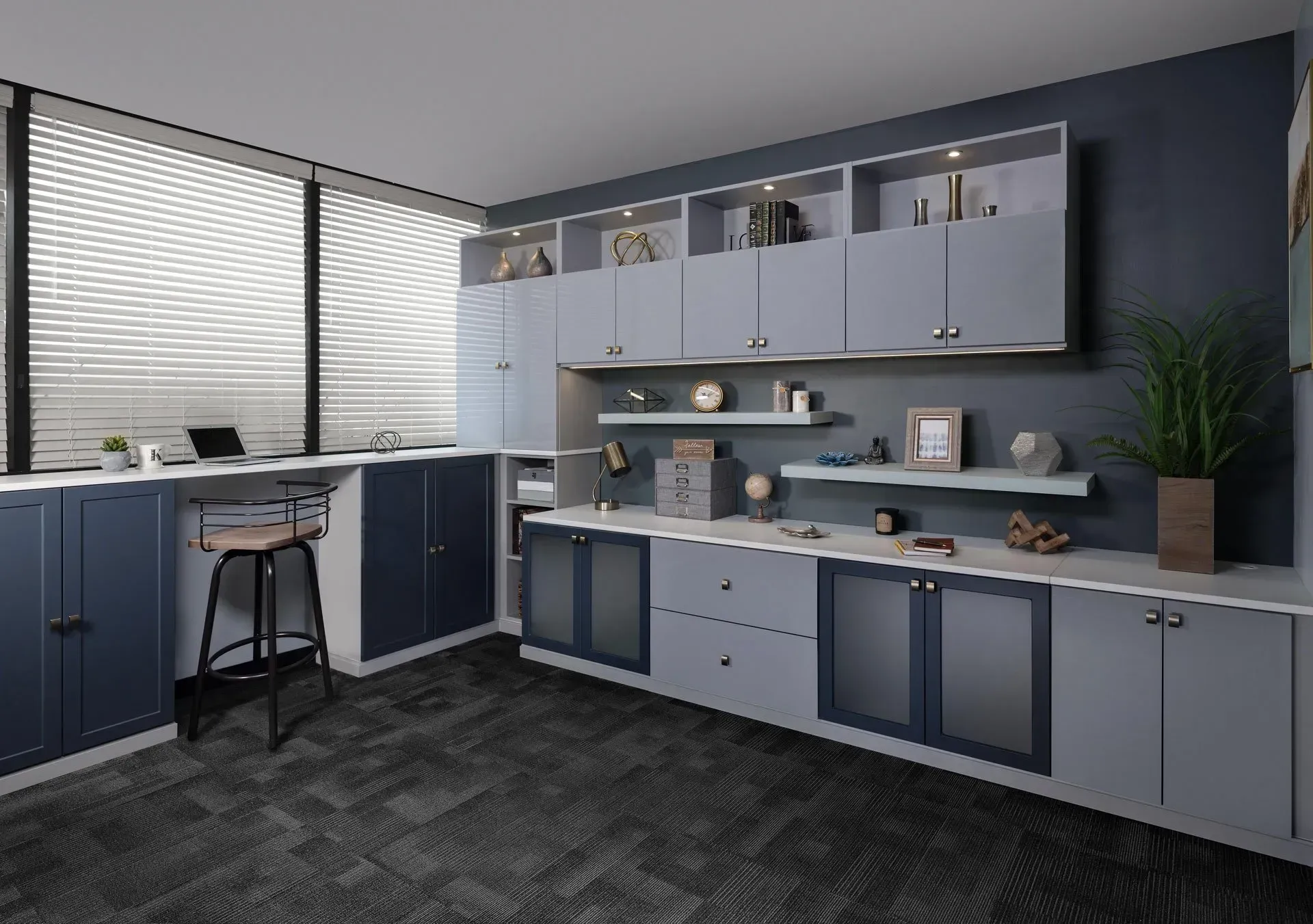 Office with built-in gray and blue cabinets, desk, shelves, and a window with blinds.