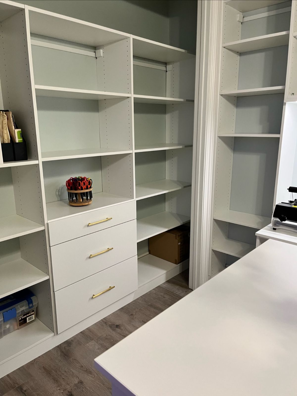 White closet organization system with shelves, drawers, and hanging rods. Includes a white desk.