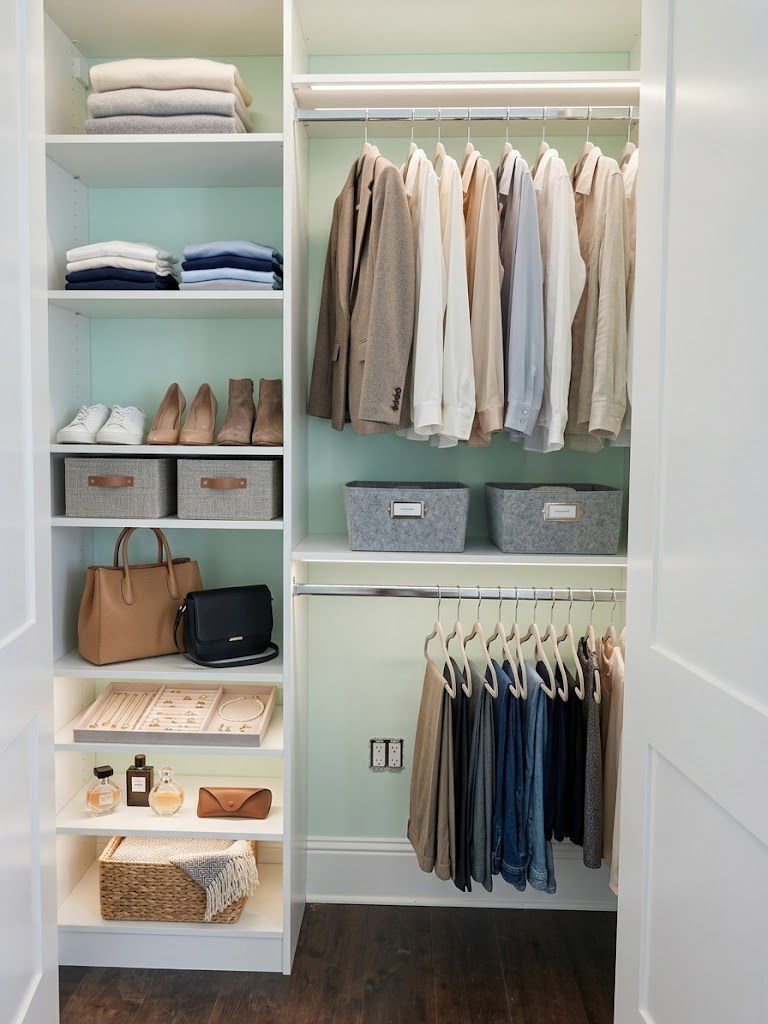 A reach in closet with gray shelving, drawers, and hanging rods for clothes. Clothing is organized by color.