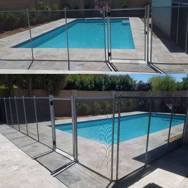 Two pictures of a swimming pool with a fence around it