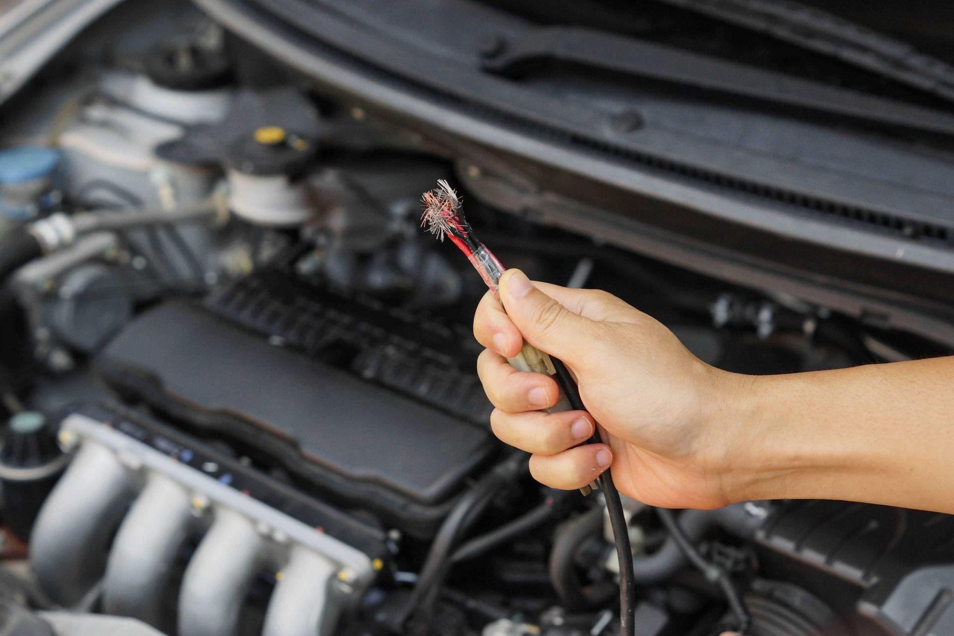 Person holding damaged car wiring in front of an open engine.