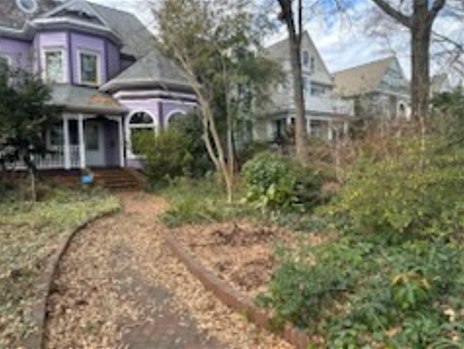 There is a purple house in the background and a path leading to it.