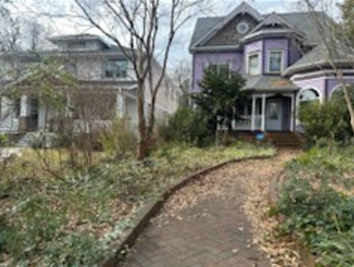 There is a purple house in the background and a path leading to it.