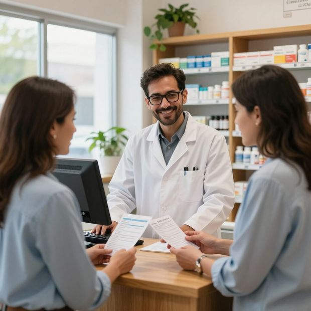 Pharmacist consulting two customers at a pharmacy counter, holding prescription cards