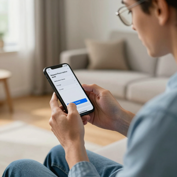 Person using a smartphone on a couch in a bright living room, viewing a messaging app.