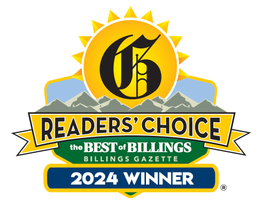 Billings Gazette Readers' Choice 2024 Winner logo. Features a sun, mountains, a stylized