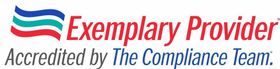 Exemplary Provider logo with blue, green, and red waves, accredited by The Compliance Team.