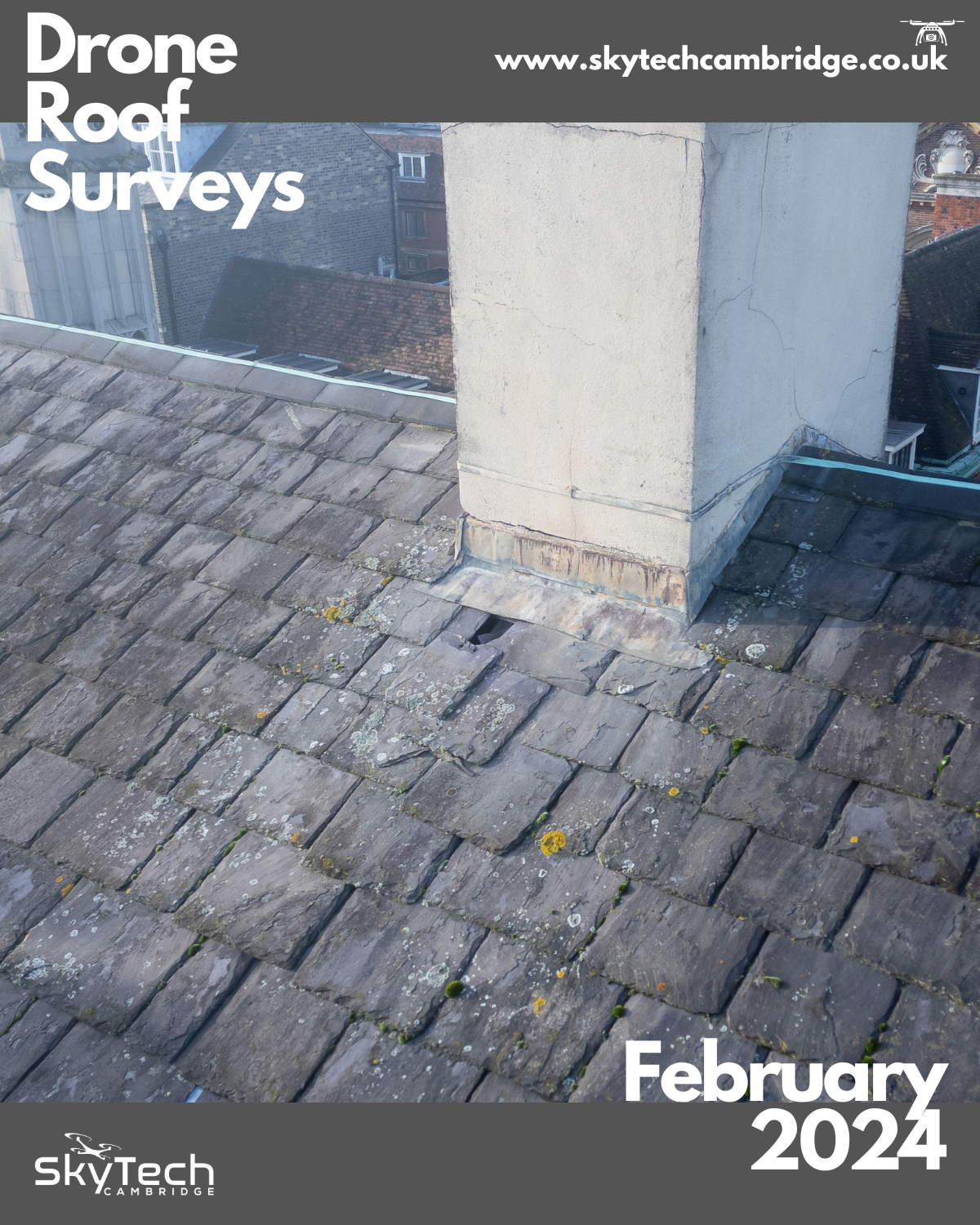 Drone roof survey - damaged roof tile shows exposed fabric membrane