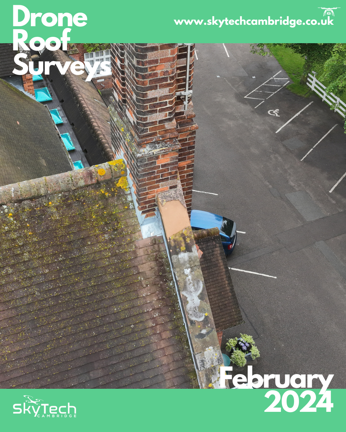 Drone roof survey - aerial photo shows damage and potential safety concern of additional falling debris