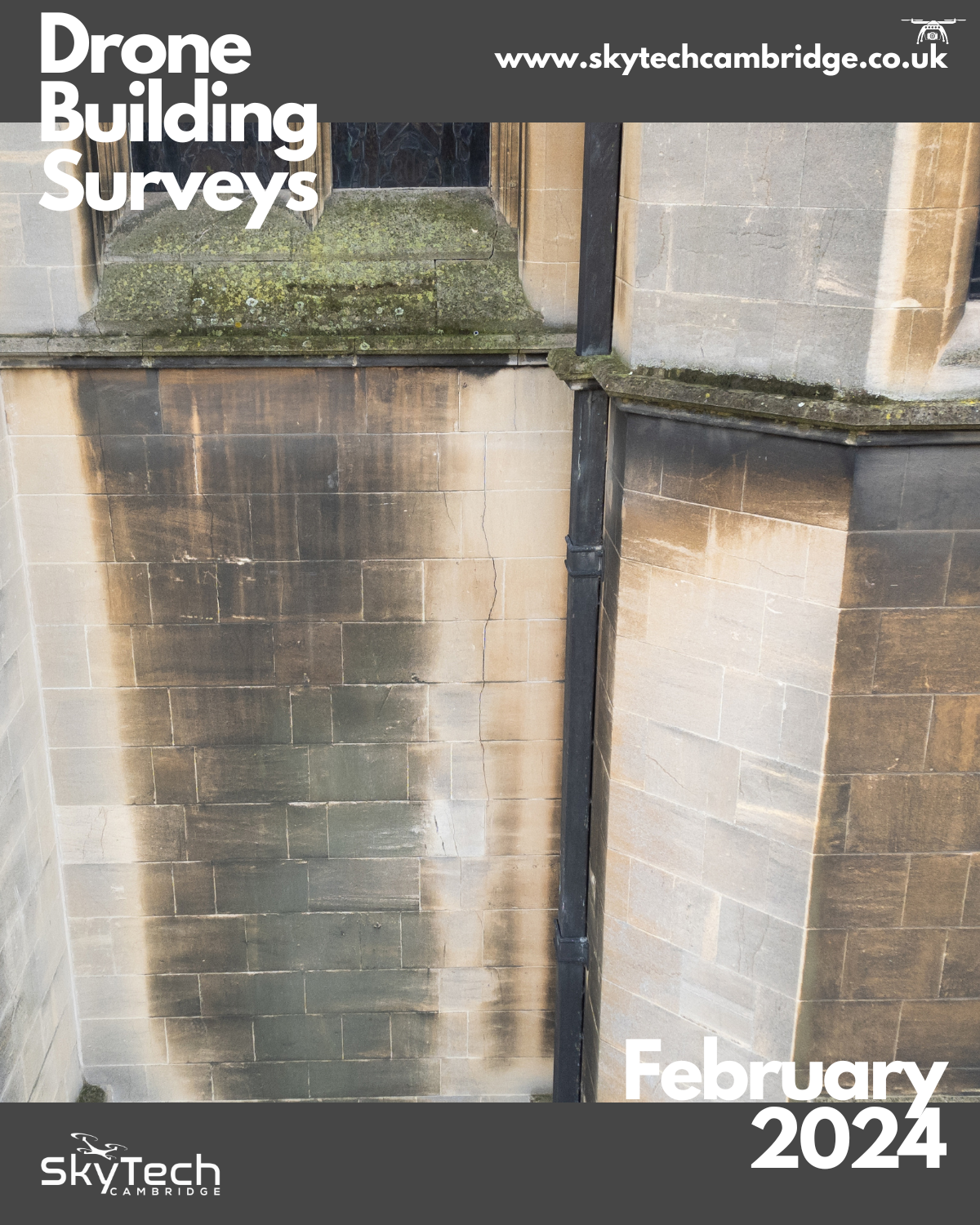 Drone building survey - cracked blockwork suggests a structural concern on this church