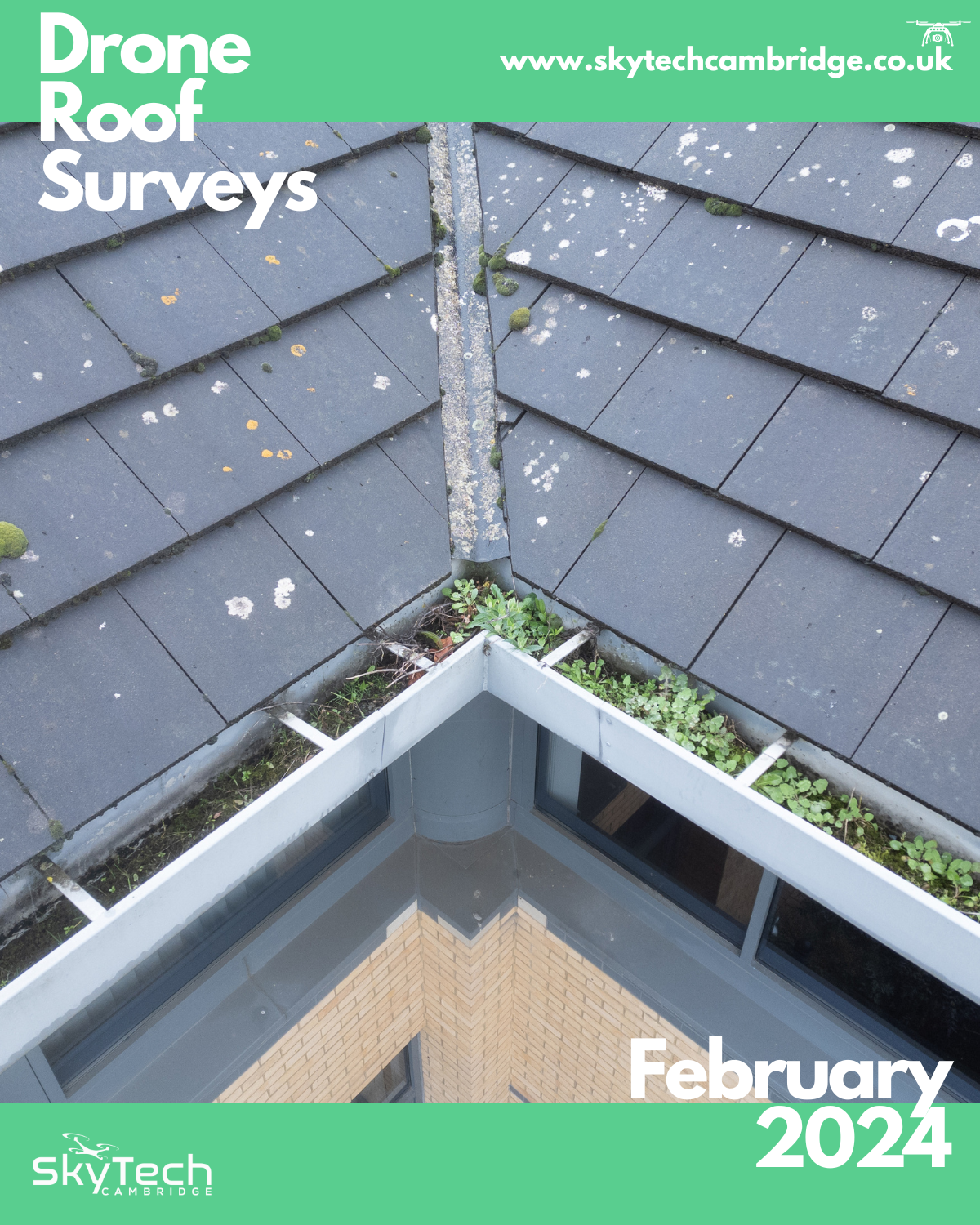 Drone roof survey - blocked guttering likely to cause drainage issues